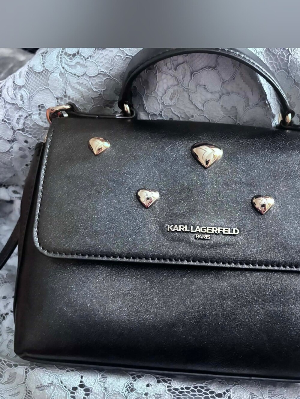 Karl Lagerfeld Paris Black Flap Top-Handle Crossbody Bag
With Gold Heart Studs